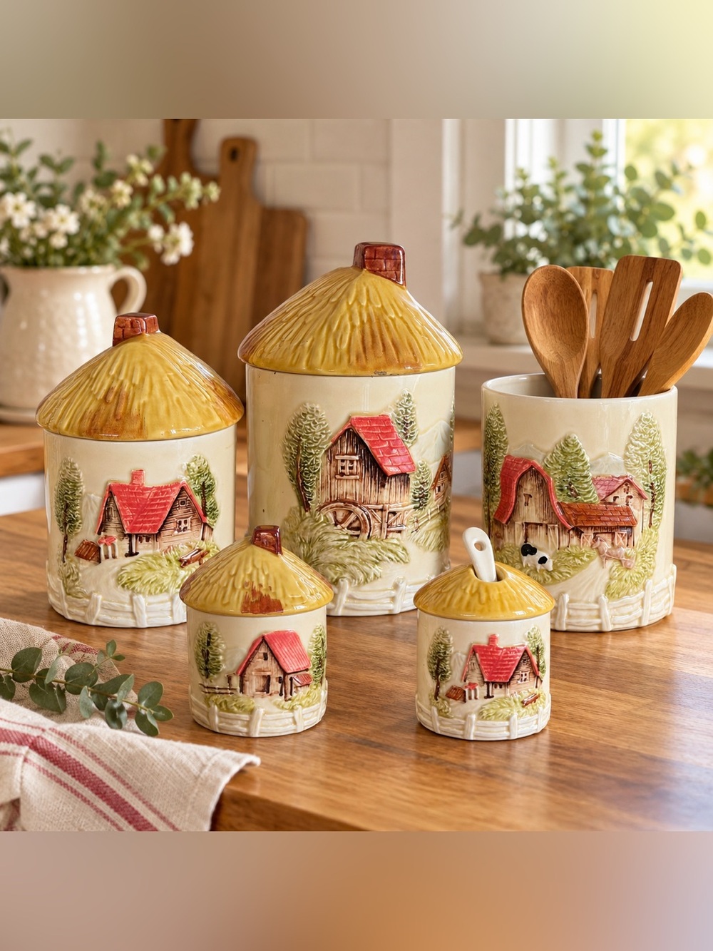 Rustic Cottage Ceramic Kitchen Canister Set in Yellow and Red